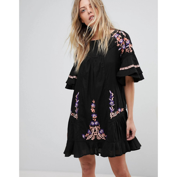 Free People Dress Medium Black Pavlo Emroidered Smock Short Sleeve A-Line Boho - Picture 2 of 13